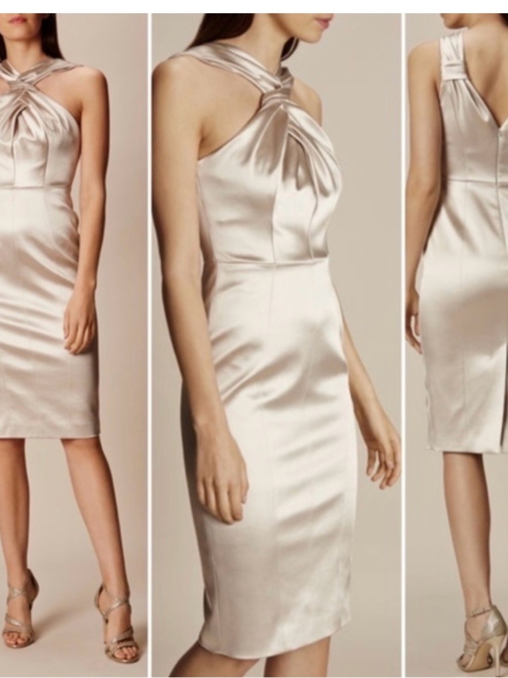 Karen Millen Champagne Satin Midi Dress with Knotted Neck
